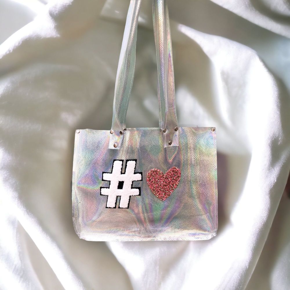 Holographic Clear Tote | Hashtag Heart Appliqué Iridescent Bag